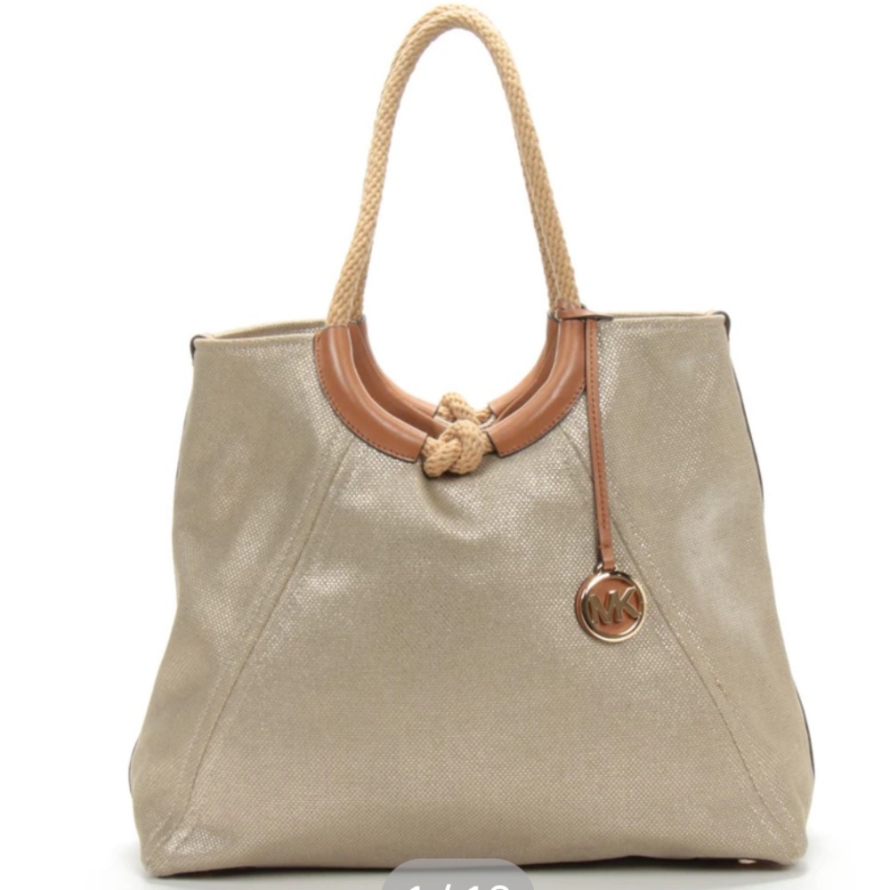 Michael Kors Gold Canvas Rope Knot Tote Bag Trimmed in Light Brown Leather